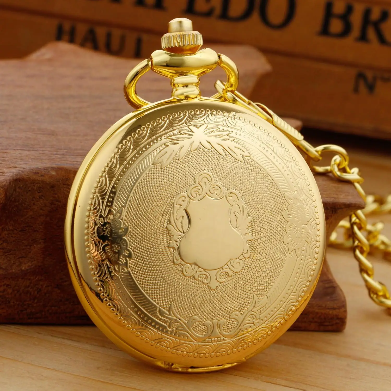 Realpoo Gold Smooth Shield Round Case orologio da tasca al quarzo da uomo con quadrante con numero romano a catena Fob