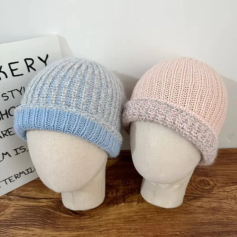 Korean Style Contrast Color Glitter Thread Knit Beanies for Women Soft Plush Roll Edge Skull Cap Autumn Winter Warm Hats