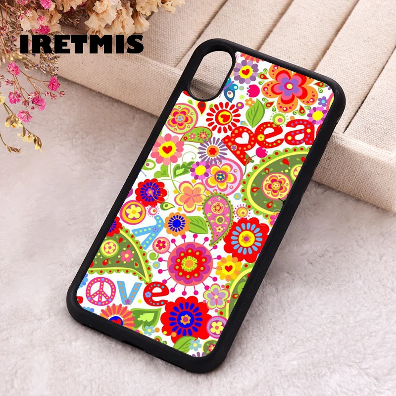 Iretmis Phone Cover Case For iPhone X XS Max XR 11 12 13 PRO MINI 14 15 16 Plus Rubber Silicone peace and love flower heart