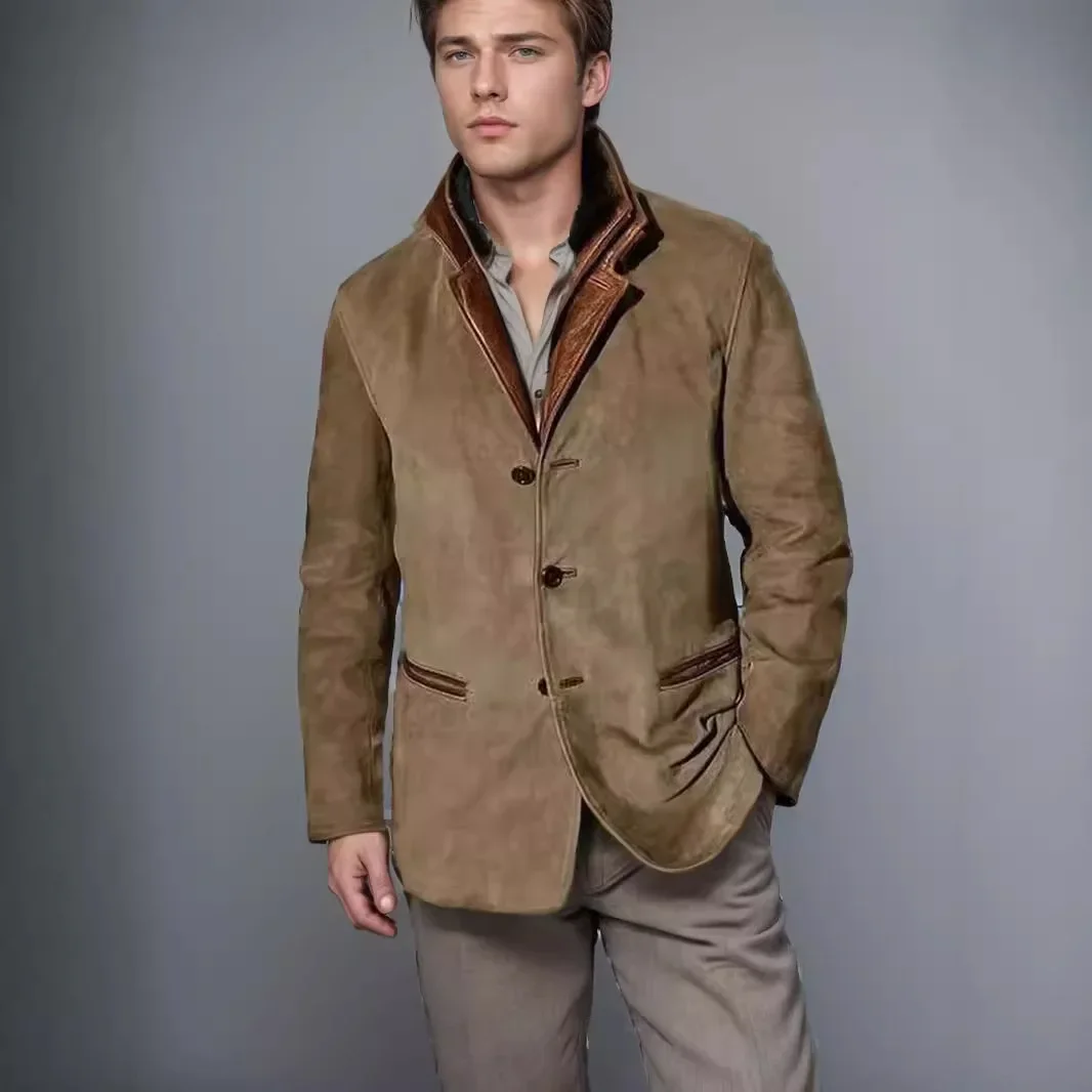 Men\'s Spring and Autumn Fashion Retro Jacket, New European and American Style Lapel Workwear Patchwork Contrast Color Coat