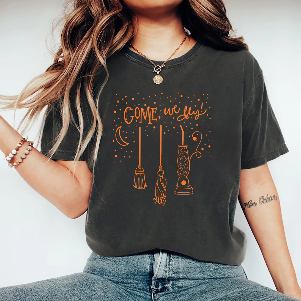 

Come We Fly T Shirt Funny Halloween T-Shirts Witch Shirt Happy Halloween Tee Women's Short Sleeve T-shirts Witchy Aesthetic Tops
