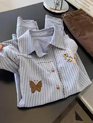 Blue Stripe Embroidered Long Sleeve Shirt 2026 Spring Autumn New Style Stacked Top Women Versatile Commuter Slim Shirts