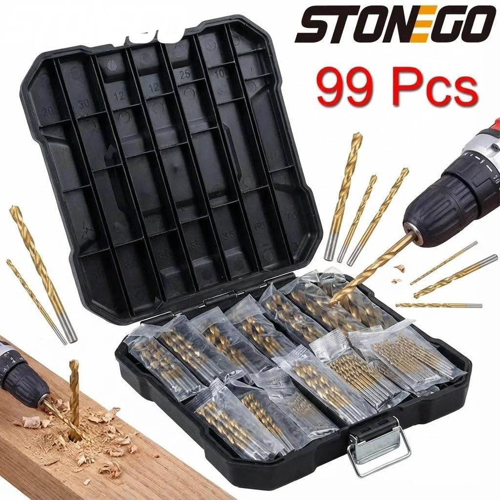 

Набор сверл STONEGO, 99 шт., с титановым покрытием, прямой хвостовик, для сверления по металлу, дереву, пластику
