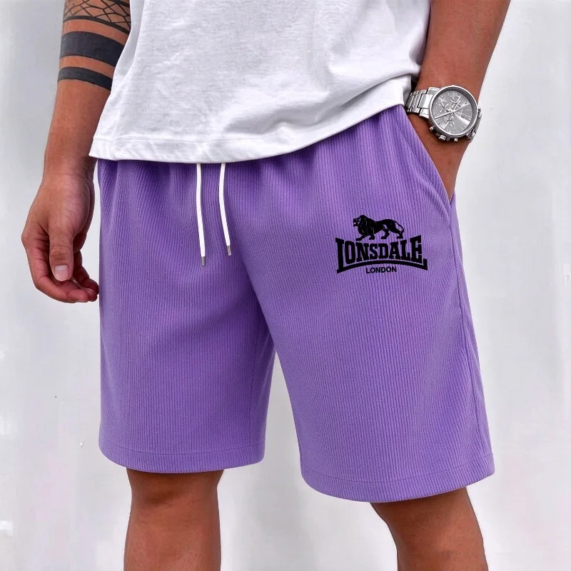 Men Summer Casual Corduroy Shorts Lion Graphic Print Drawstring Waist Loose Fit Beach Shorts