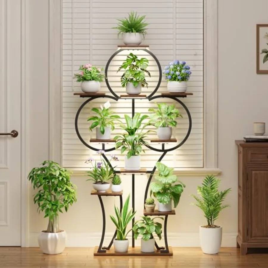 

Indoor plant stand with grow lights for living room balcony patio 63-inch 10-tier black metal shelf with integrated lighting