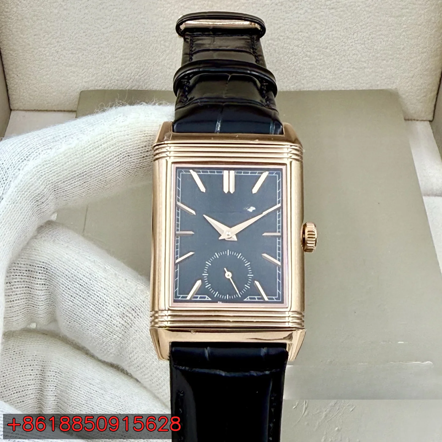 

Men's Mechanical Hand Wind Rectangular Reversible Dress Watch, Leather Strap, Rose Gold Tone Alloy Case, 49MMx29MM Dual Face Dual Time Zone Small Second Business Wristwatch