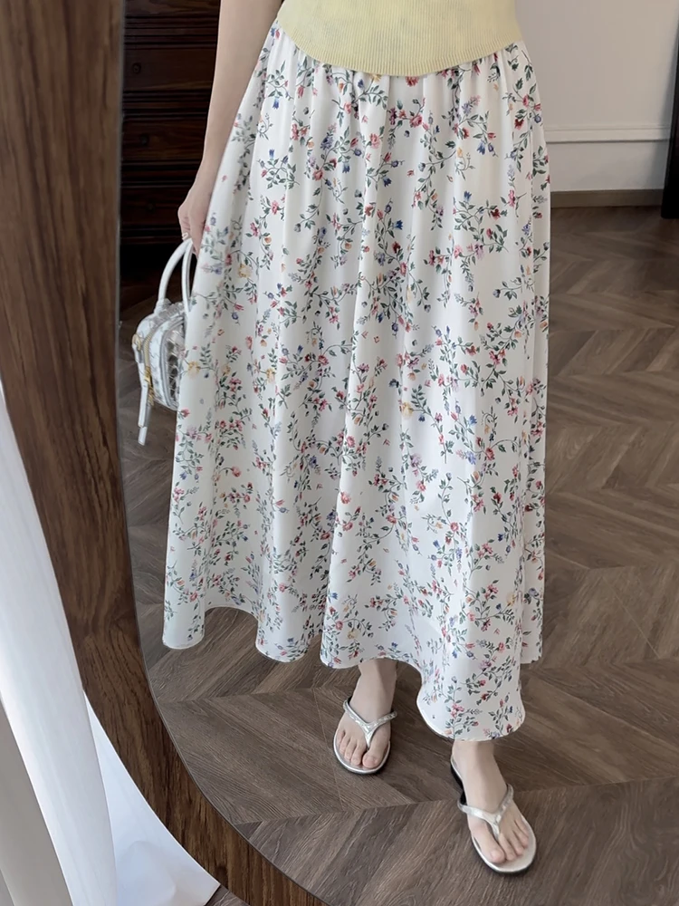

Zhang ei Gentle Little Sweetie Elastic Waist A-Line Skirt Commute Simple High Waist Polyester Midi Skirt Floral Pattern