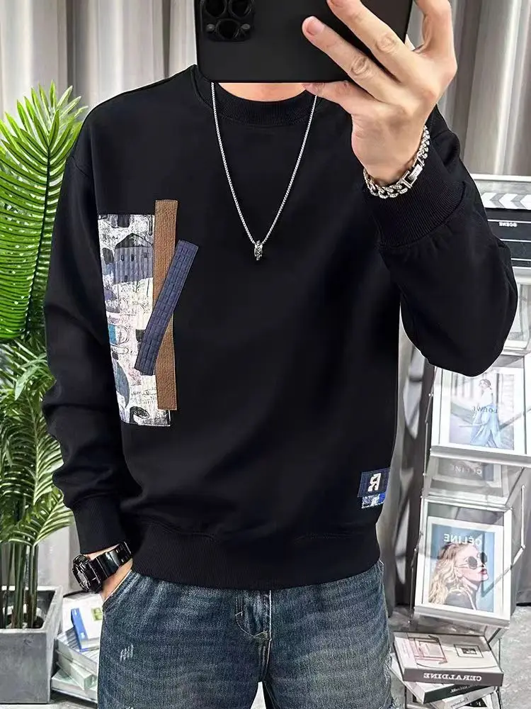 트렌디한 패치 프린트 라운드넥 루즈핏 캐주얼 남성 풀오버