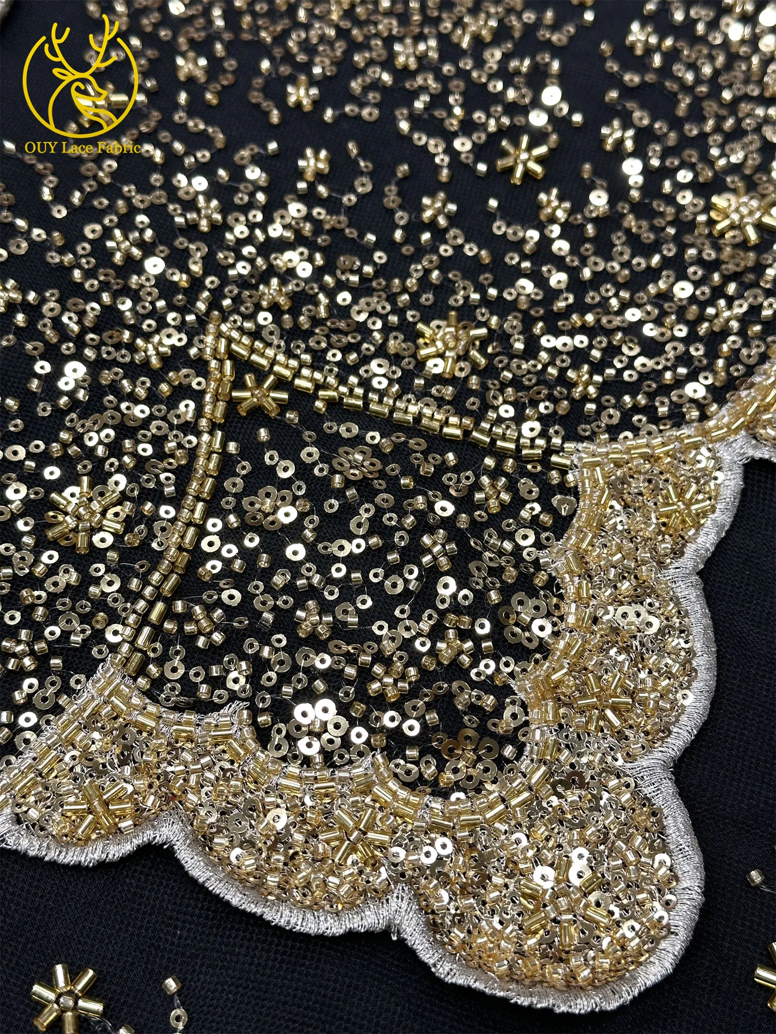 Goldene luxuriöse nigerianische 3D handgefertigte DIY-Stickerei-Spitze, afrikanische Perlen-Pailletten-Spitze für Damen, Hochzeitskleid, Partykleid, zum Nähen – Detail 10
