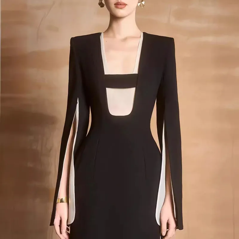 BEWQ Elegancka Sukienka Damska z Kwadratowym Dekoltem, Patchworkowa Gaza, Wysoki Stan, Rozcięcie na Rękawie, Sukienka Wieczorowa na Imprezę, Nowość Jesień 2025