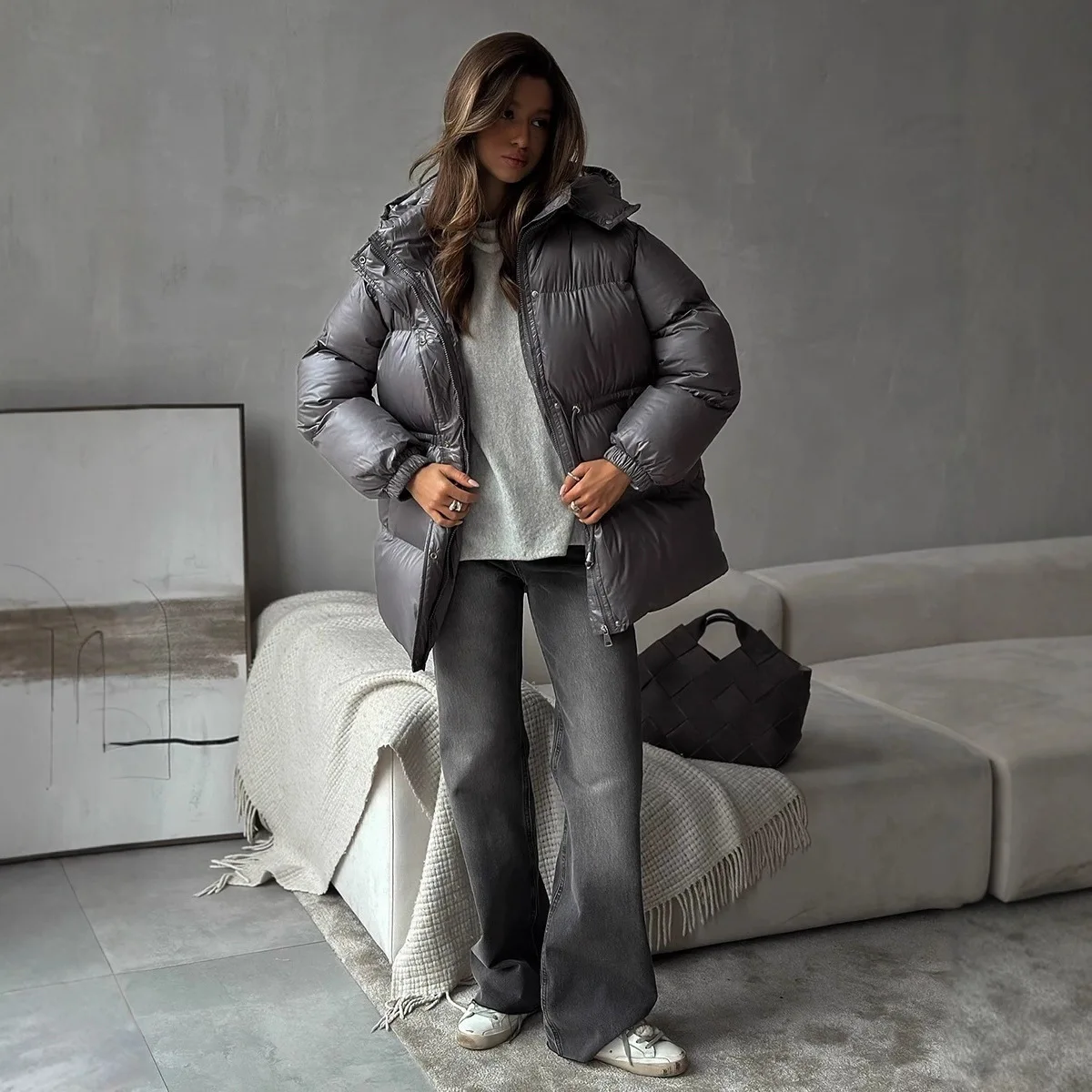 

Casual Hooded Cotton-padded Coat Women Drawstring Waist-Closed Solid Zipper Jacket Lady 2026 Winter Chic Female Street Outerwear