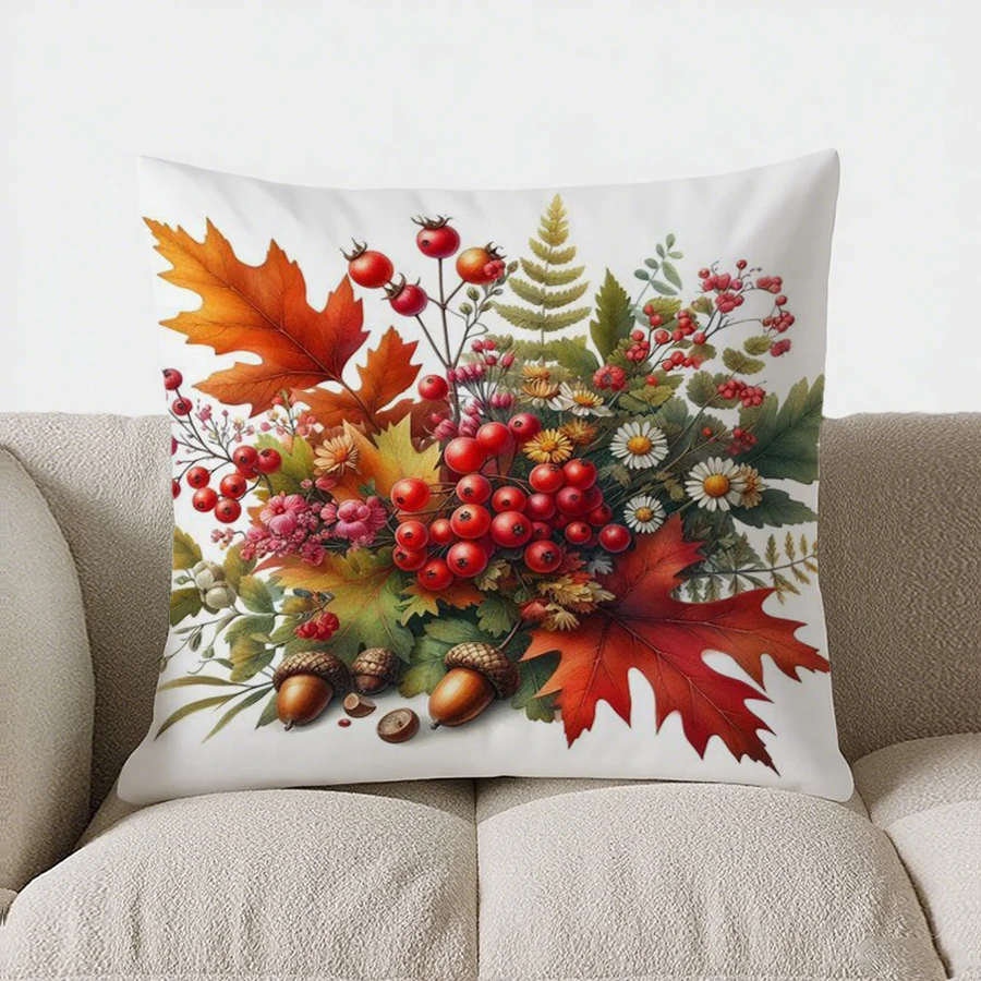 Home Decor Autumn Flowers & Berries Decorative Throw Pillow Pattern Cushion Cover Suitable for Sofa Bedroom Car Pillow Cover