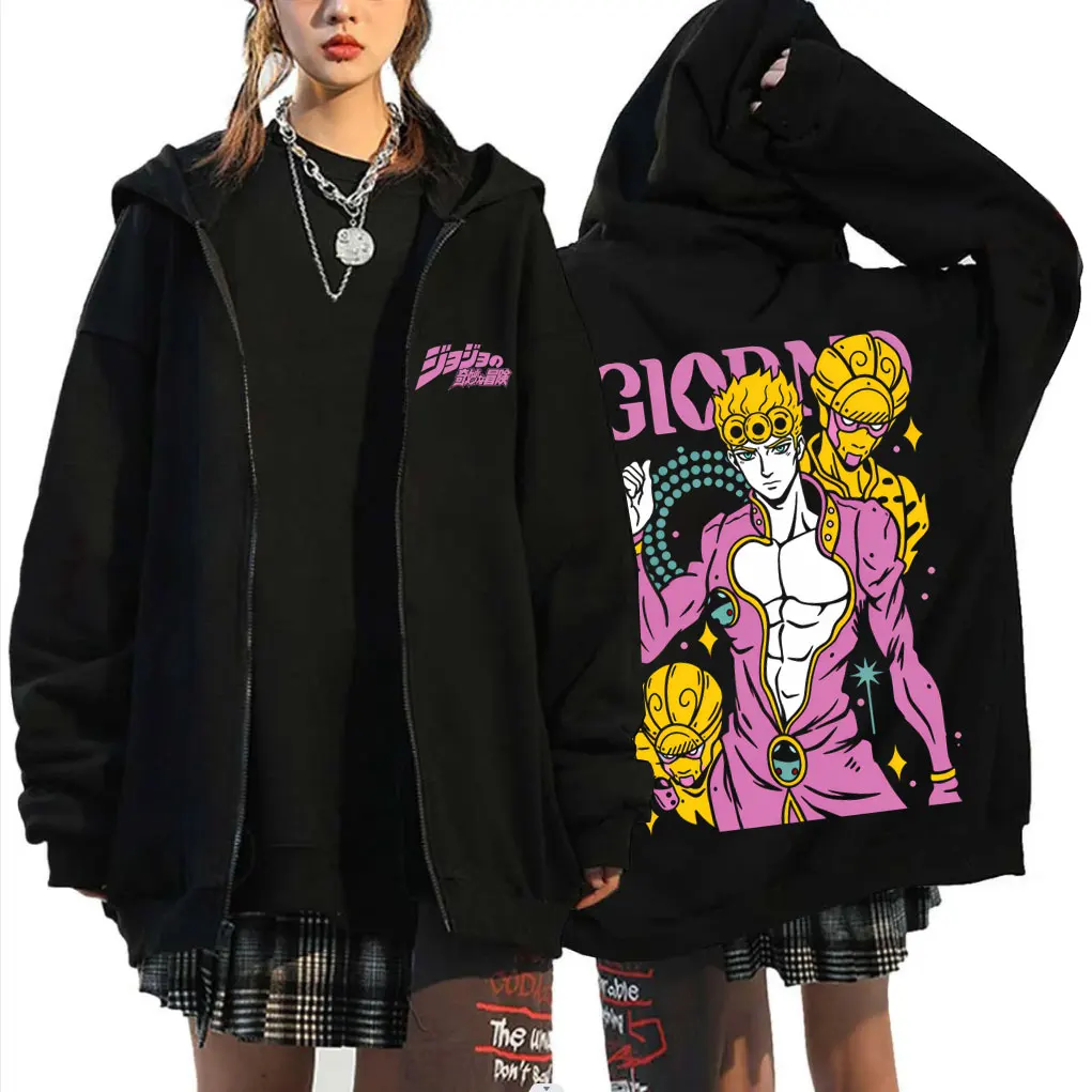 

Anime Jojo's Bizarre Adventure Giorno Giovanna Merch Zipper Hoodie Men Women Casual Oversized Zip Up Jacket Cosplay Streetwear