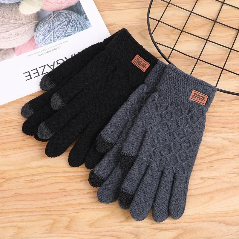 Woolen Knit Checkered Touch Screen Gloves | Wool Plus Velvet Thickening Outdoor Riding Mitten for Men Accessories Gifts