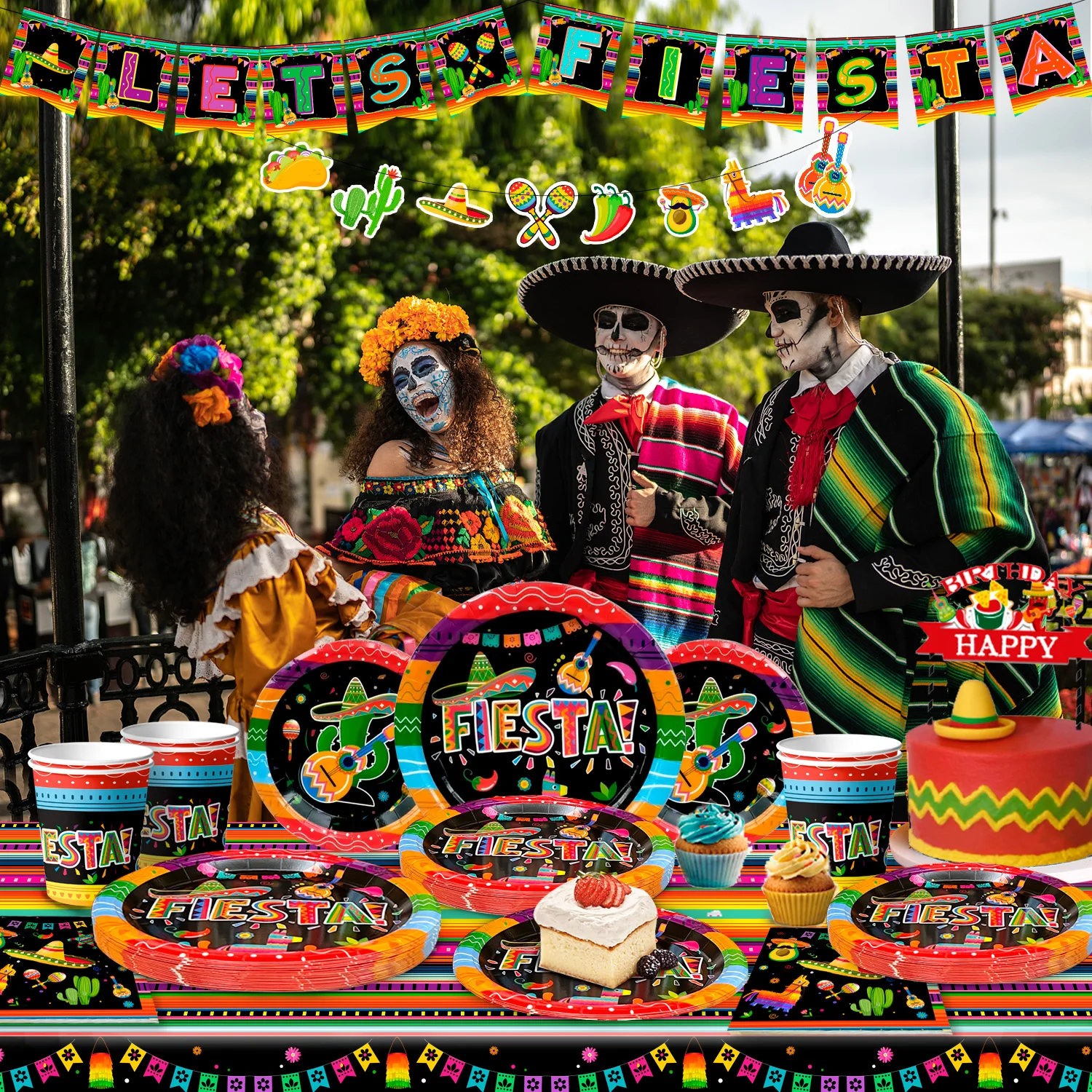 Mexican Themed Fiesta Party Supplies,90pcs Paper Tableware Set Includes Mexican Fiesta Plates Cups Napkins etc for 20 Guests