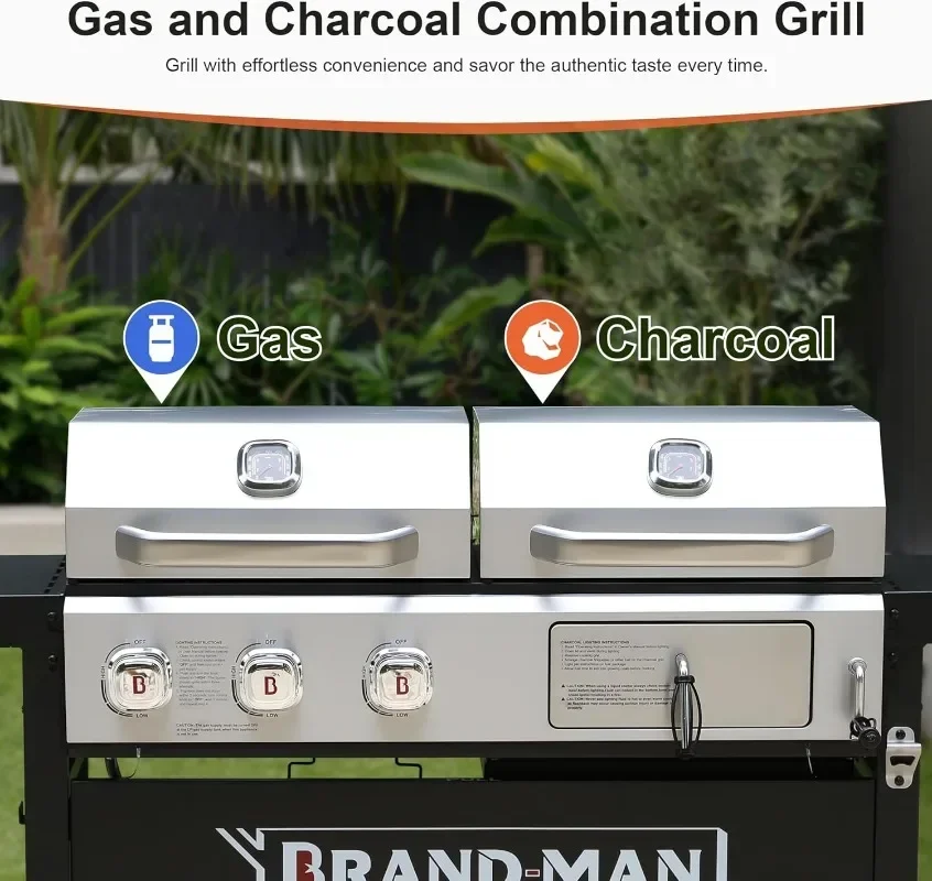 Brand-Man Propane Gas and Charcoal Grill Combo,Grill and Griddle Combo Dual Fuel BBQ Grill with Dual Lids for Outdoor Barbecue