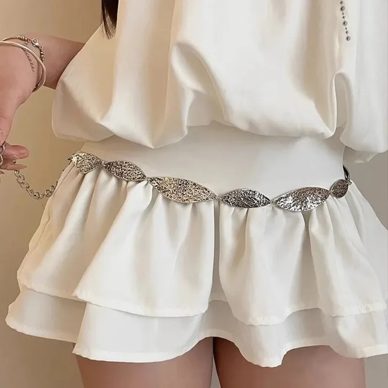 Fashion Gold/Sliver Female Waist Chain Belt Western Cowgirl Leaf Punk Metal Belts for Women Luxury Personality Waistband Decor