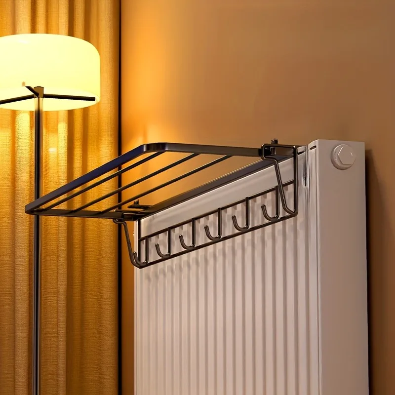 Heavy-Duty Wall-Mounted Radiator Rack - Pull-Out Clothes Drying Shelves & Rods | Space-Saving for Winter Garments (Black/White) view 3