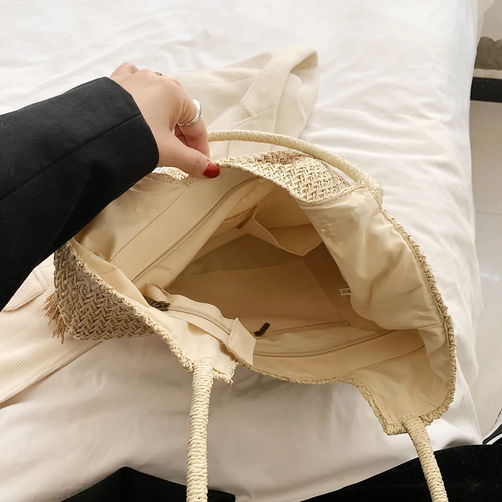 القش حقيبة شاطئية الصيف المنسوجة حمل حقيبة مع شرابات حقيبة كتف كبيرة للنساء القش المحافظ وحقائب اليد الروطان بوهو حقيبة الرافية