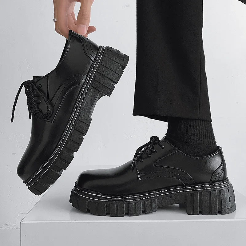 

Casual Men's Uniform Shoes Increased Wear-Resistant Youth Versatile High-End Leather Shoes Breathable round Toe Plain Color