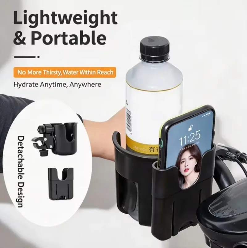 2 In1 Universal Stroller Cup Holder with Phone Holder, Fits 0-4cm Round & Flat Tube, for Stroller, Wheelchair, Bicycle Scooter