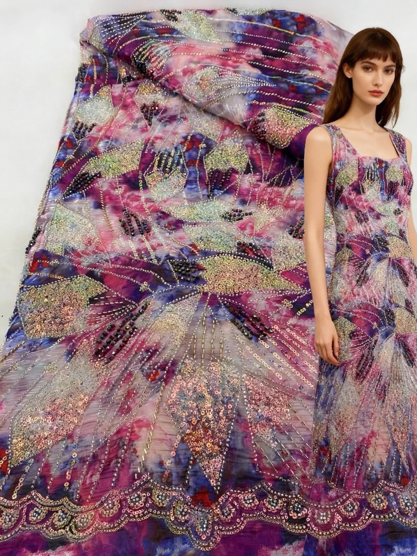 

Latest African Sequins Beaded Lace Fabric 2025 Embroidery French Mesh Chiffon Lace Fabric Nigerian Tulle Lace For Party Dress