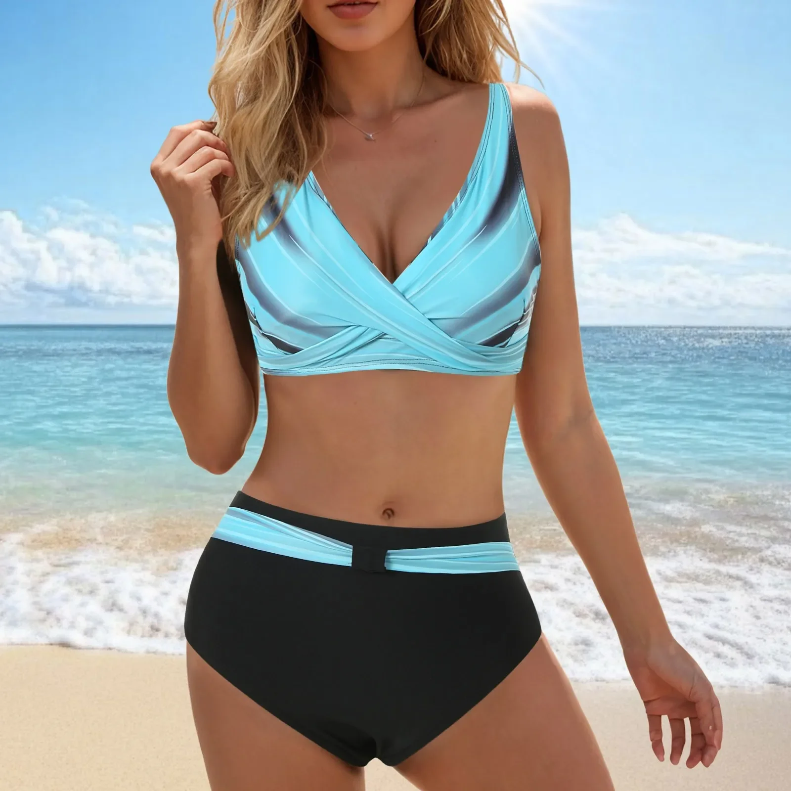 

Women Summer High Waisted Bikini Sexy Deep V Push Up Two Piece Swimsuits Vintage Retro Ruched Bathing Suit For Beach Holidays