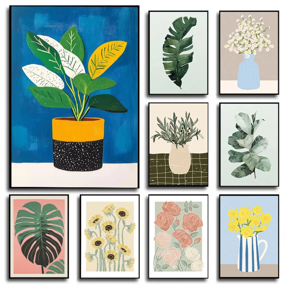 Garden Flower Vase Art Poster Flower Plant Illustration Print Canvas Painting Wall Art Picture Home Living Room Room Decorati