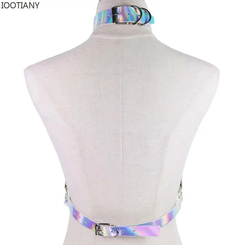 Sexy Holographic Leather Body Chain Harness Laser Leather Metal Chain Bra Top Cyberpunk Rainbow Stage Belt Suspender Accessories