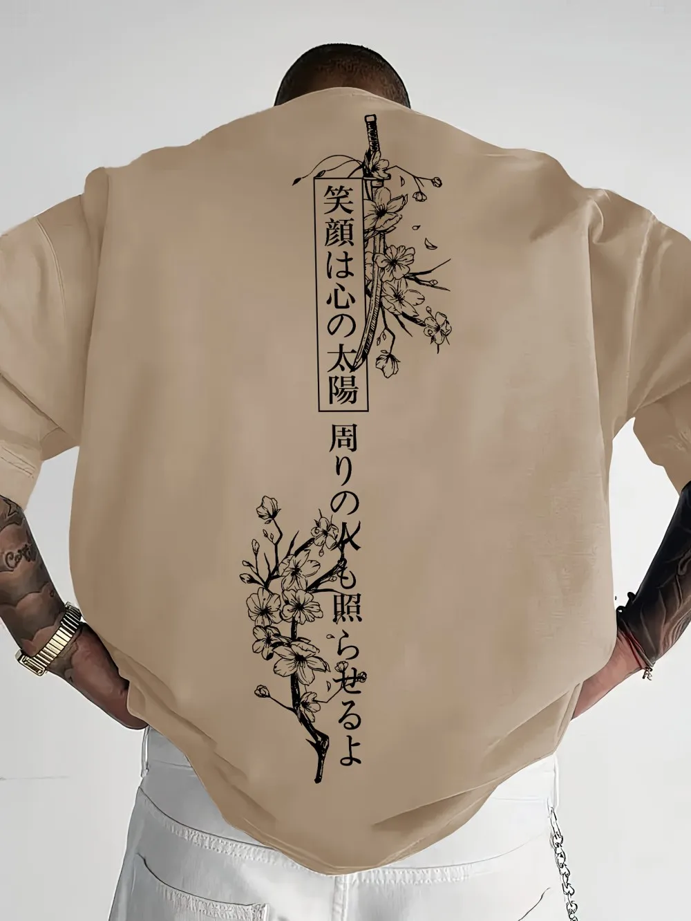 Amerikanisches Sommer-T-Shirt für Herren mit personalisiertem Kirschblüten-Buchstabendruck, bequem und atmungsaktiv, Rundhals-T-Shirt für den Outdoor-Streetwear-Look.