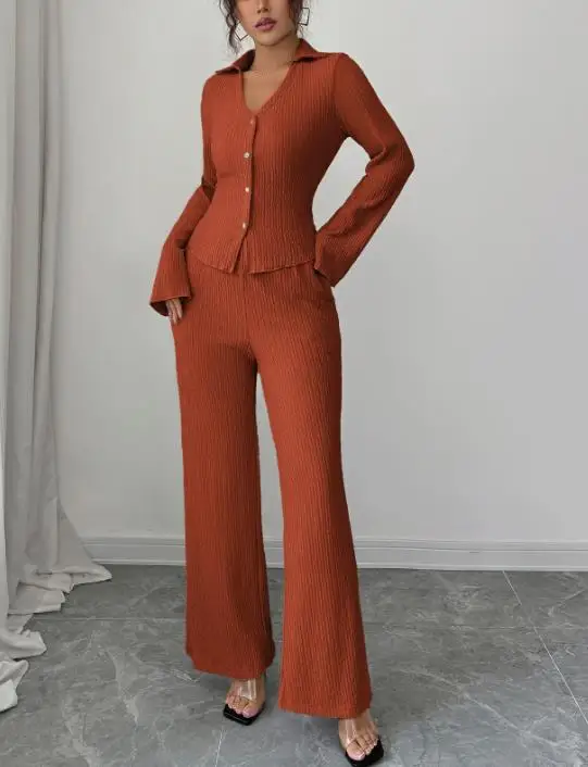 2025 Autunno/Inverno nuova moda donna elegante camicia con bottoni pantaloni a gamba larga set abbigliamento da donna