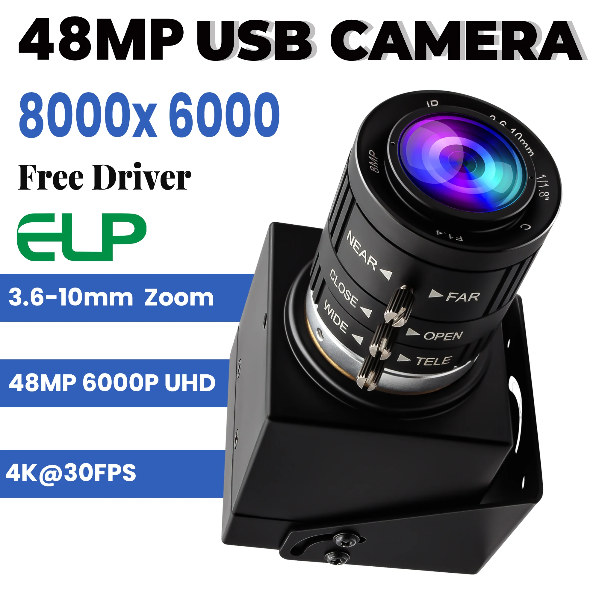 ELP 48MP Zoom USB Camera IMX586 with 3.6-10mm Lens for Microscope Close Observation 8000*6000 Mini Plant Growth Monitor Webcam