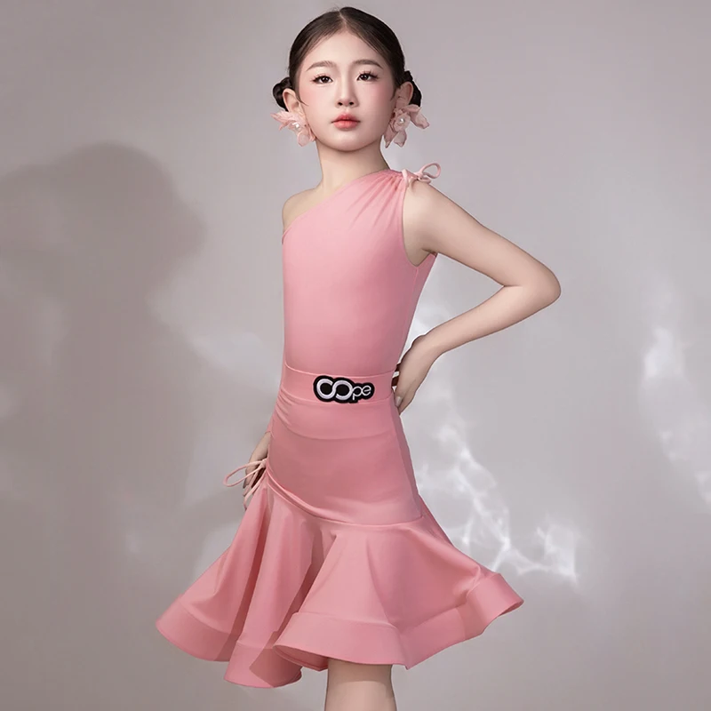 Estate Bambini Abiti da ballo latino Ragazze Spalla inclinata Top Gonna con coulisse Abito rosa Abito da pratica Abbigliamento da prestazione BL14803