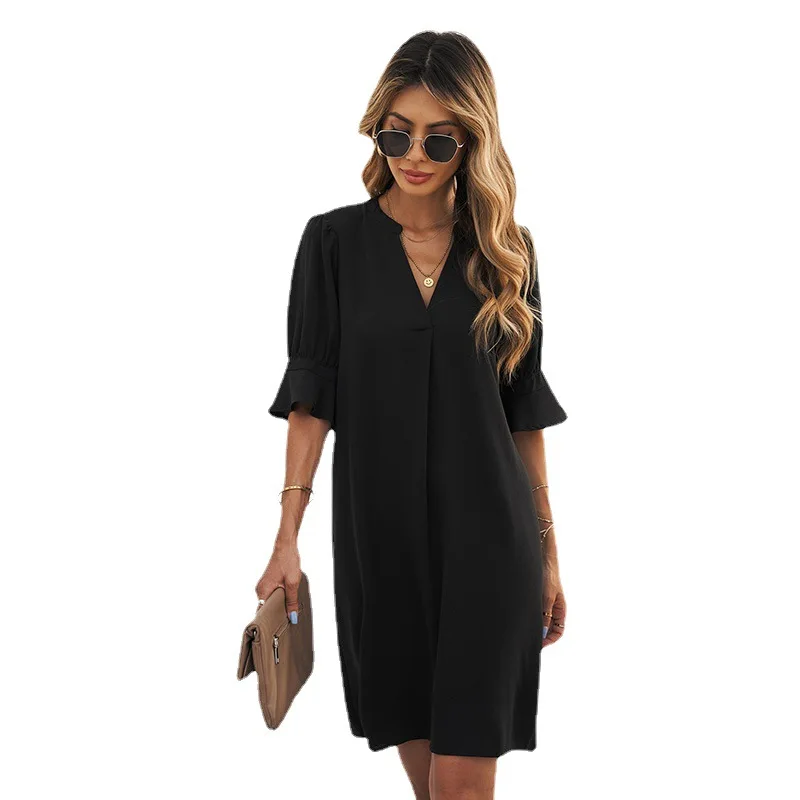 Robe chemise sexy élégante en soie glacée pour femmes, t-shirt ample, col en V, manches courtes, décontracté, monochromatique, printemps, été, nouveau