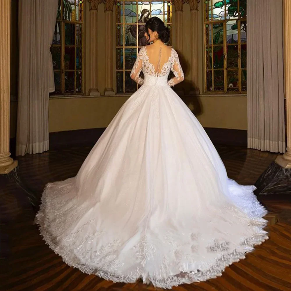 Flavinke-Vestido De novia árabe personalizado, vestidos De novia 2021, Vestido De novia transparente con cuello redondo, mangas largas, apliques, vestidos De novia