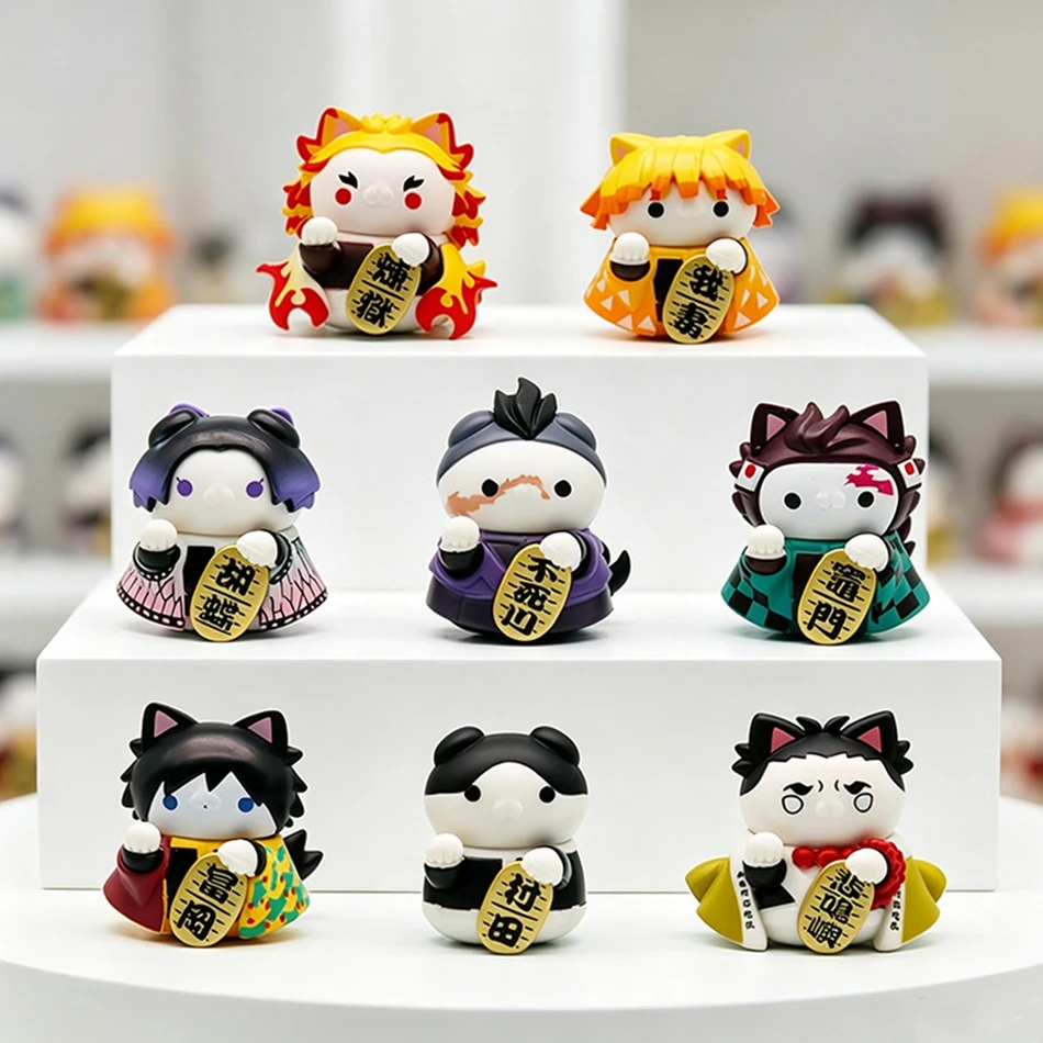 Neue 8-teilige Anime Demon Slayer Figuren-Set: Nezuko, Tanjirou, Zenitsu, Inosuke Mini-Figuren, Kawaii Zhaocai Katzen-Serie, PVC-Modellpuppen