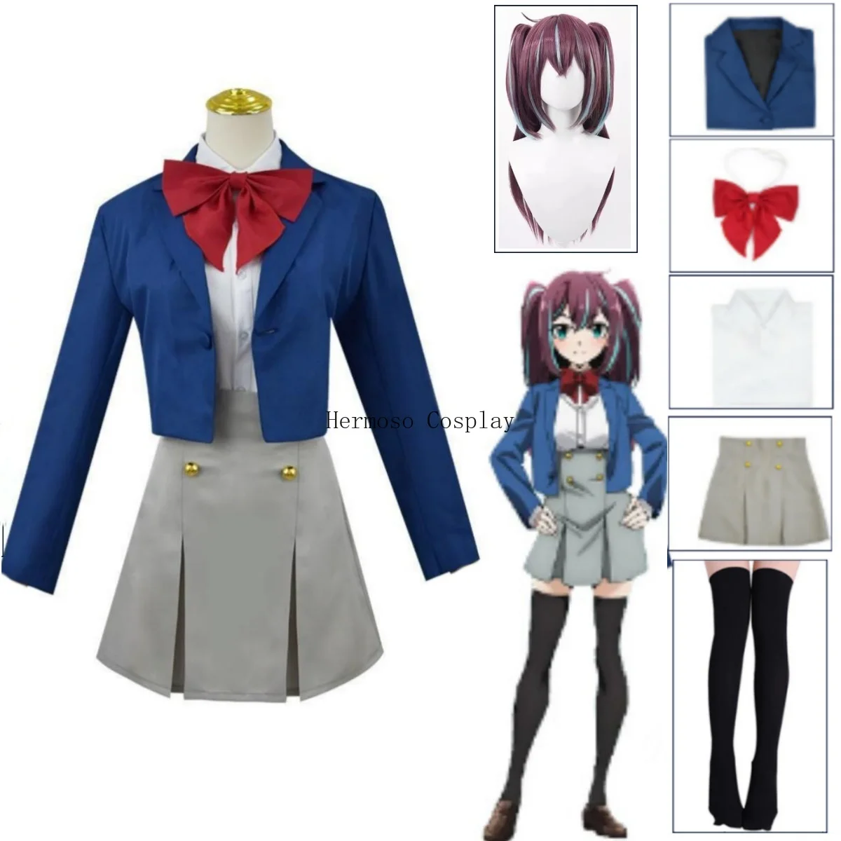 

Akoya Matama Cosplay Costume School Blue JK Suit Socks Loco Musica Anime Mahou Shoujo Ni Akogarete Gushing Over Magical Girls