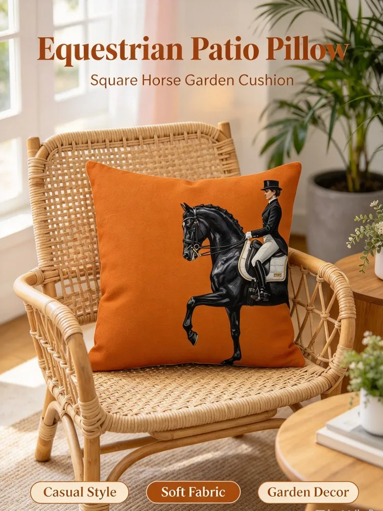 VIKAMA  Equestrian Decorative Square Pillow, Orange Horse Show Cushion with Black Horse and Rider Print, Soft Fabric Pillow fo