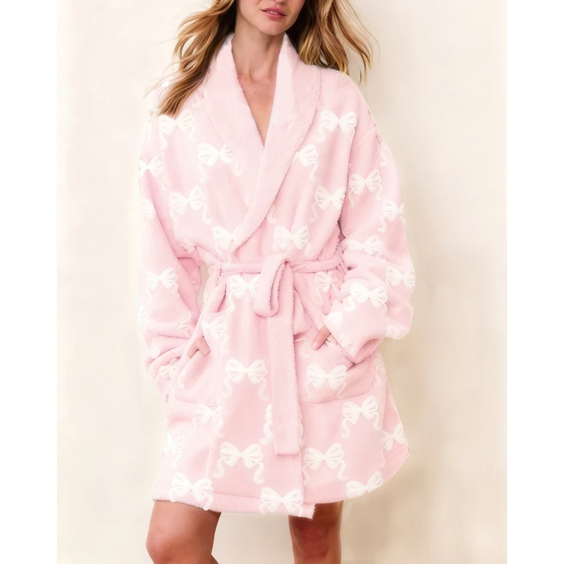 

Women Valentine's Day Heart/Bow Print Fleece Robe Long Sleeve Shawl Collared Pockets Bathrobe Fluffy Sleep Loungewear