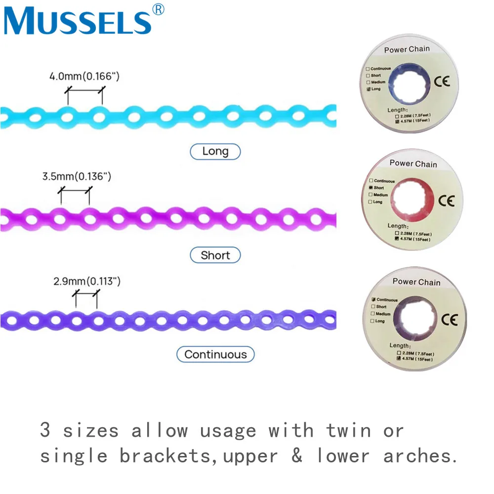 Cadena de alimentación elástica para ortodoncia Dental, bandas de goma largas, cortas y cerradas, Ultra Powerchains para aparatos de odontología, 15