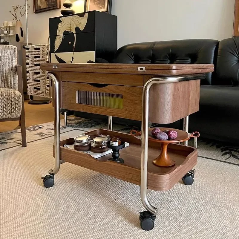 French Retro Solid Wood Retractable Coffee Table High End Foldable Trolley Movable Side Table Living Room Furniture