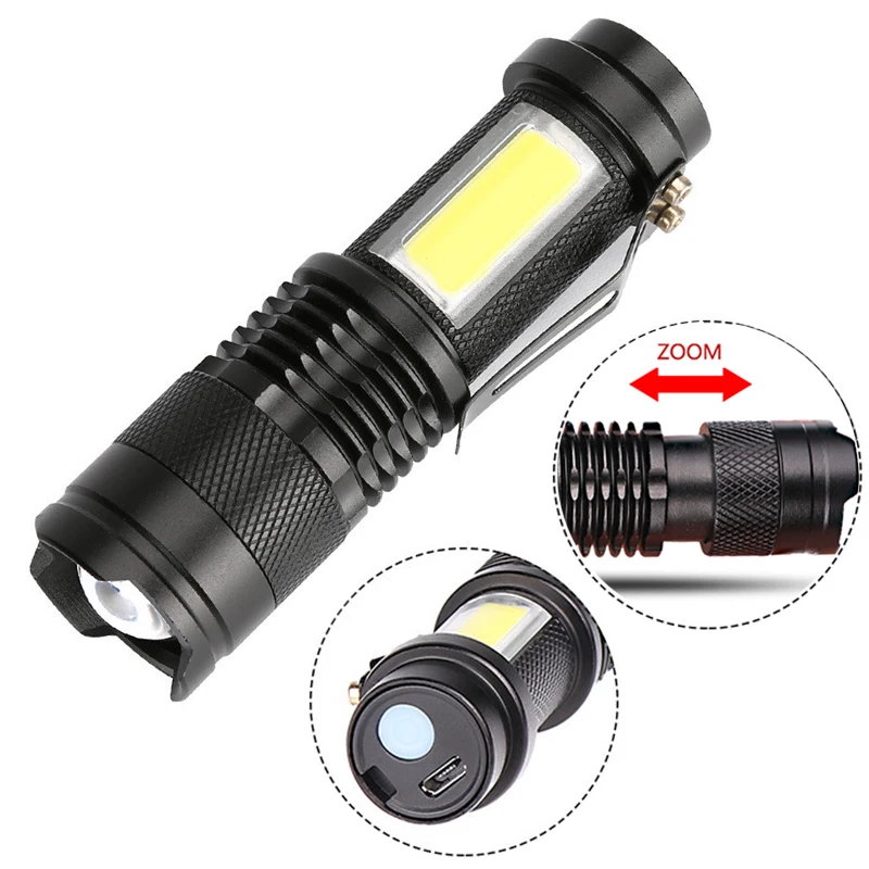 Senter Led Mini Portabel Q5 Baterai Bawaan Obor Zoom Lampu COB USB Pengisi Daya Lampu Senter Yang Dapat Disesuaikan Lentera Berkemah Luar Ruangan