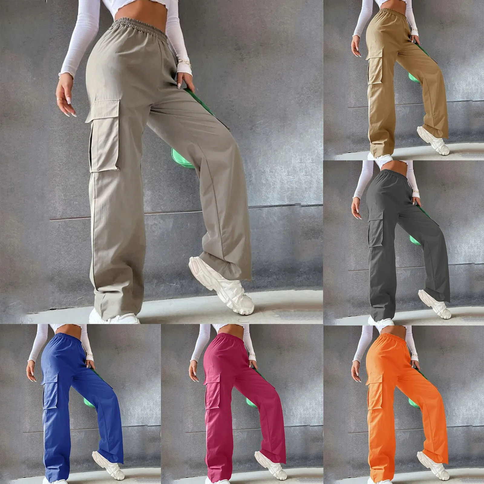 

Women's Cargo Pants Elastic High Waist Trousers Straight Leg Joggers Outfits Solid Oversized Pants Baggy Wide Leg Sweatpants