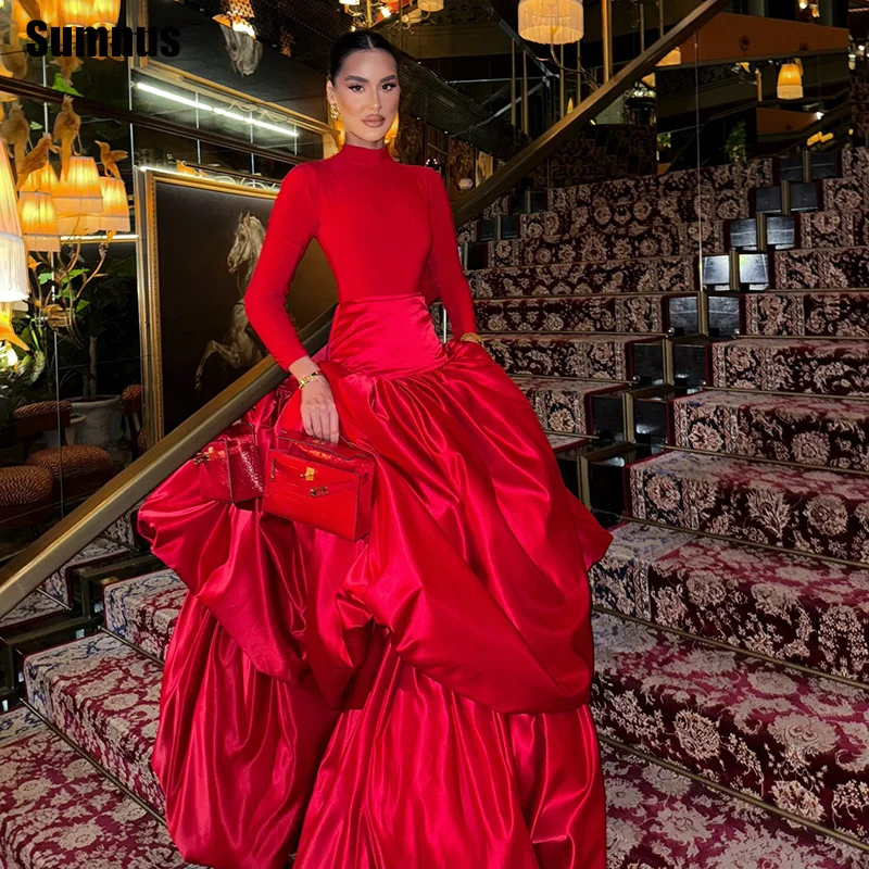 

Sumnus Elegant Red A-Line Evening Dress Satin Long Sleeves High Neck Floor Length Prom Dresses فساتين سهرة Customized