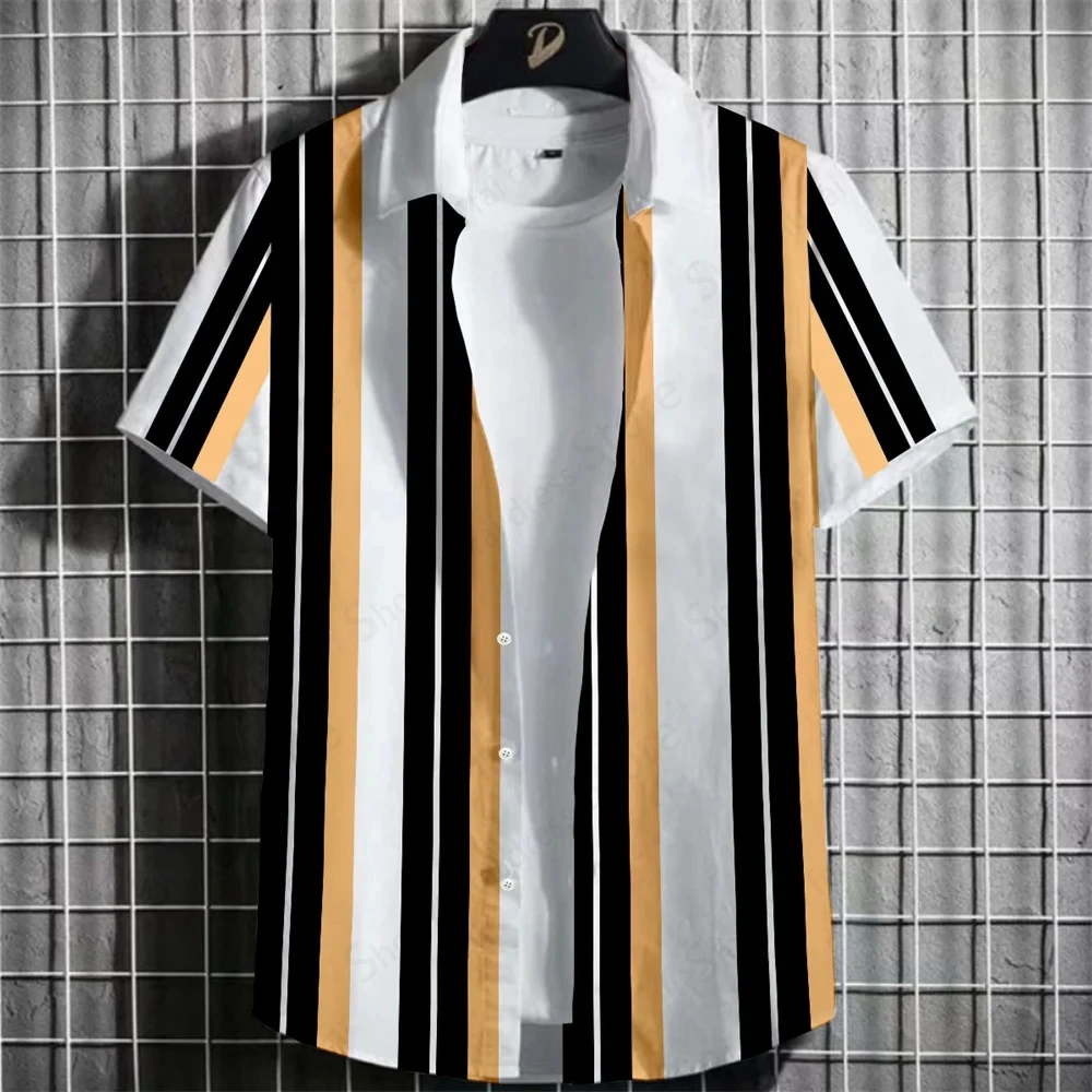 Camisa de praia havaiana masculina e feminina, estampa listrada 3D, blusa fashion, Cuba, tops diários simples