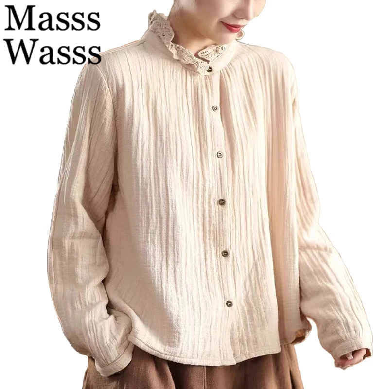 

Masss Wasss Harajuku Ladies Spring Cotton Tops Fashion European Luxury Elegant Vintage Casual Clothes O Neck Women Classic Shirt