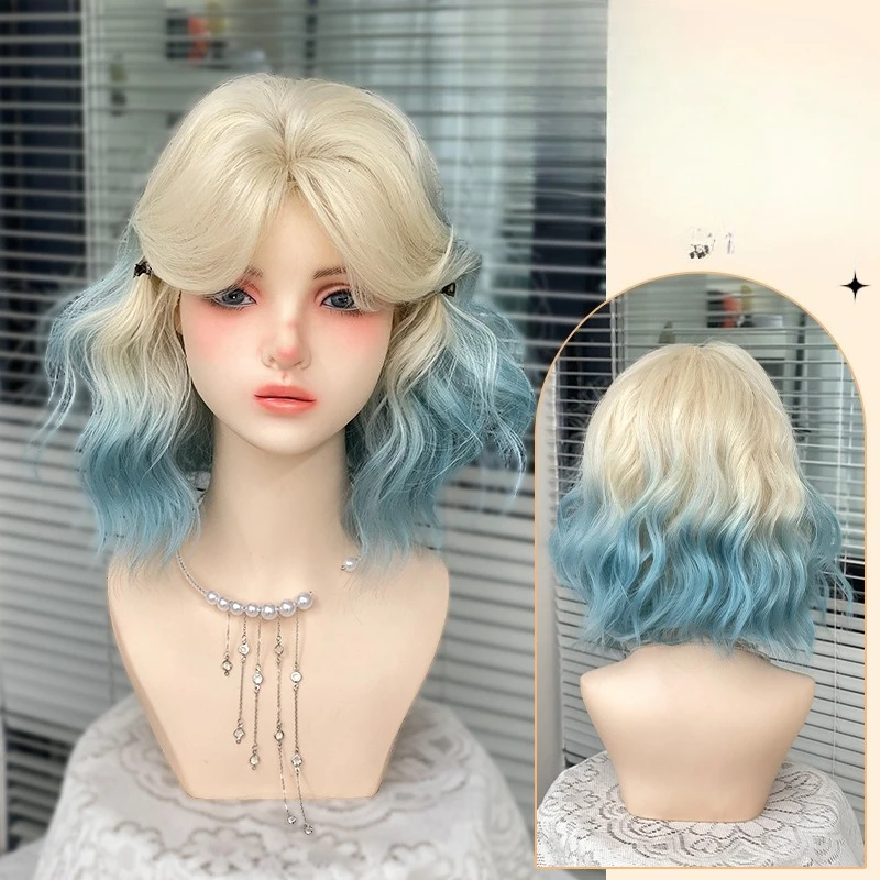 

Wig new platinum gradual change ice blue women's short curly hair white sweet cute women full hood