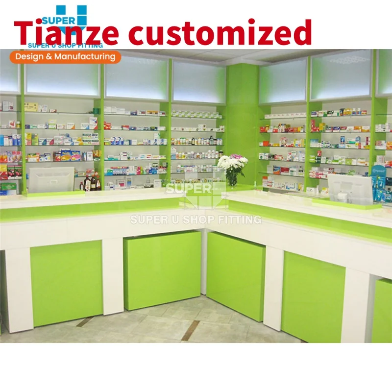 

(customized)Medical Store Counter Design Display Desk Furniture Natural Shop Cashier Table Sale Modern Pharmacy Recep