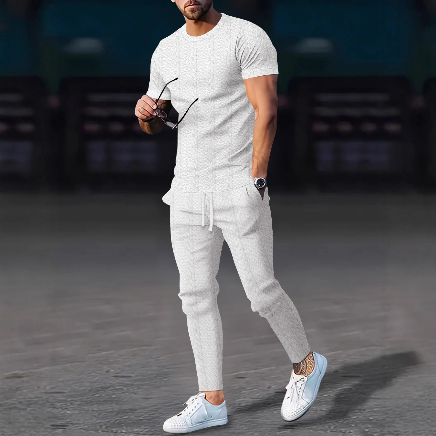 Men's Summer Trend Solid-Color Round-Neck Buttoned Jacquard Short-Sleeved Shirt And Pants Casual Suit