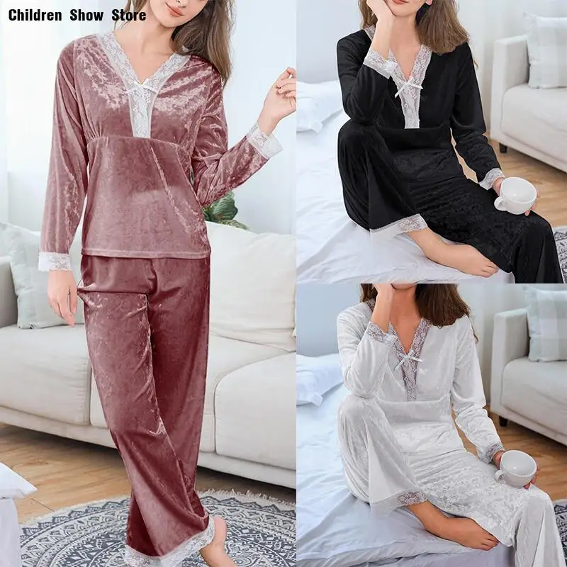 

Velvet Pajamas Women Autumn Winter Long Sleeve Top Pant Set Warm Velour Lace Trim Sleepwear Winter Home Clothes Loungewear